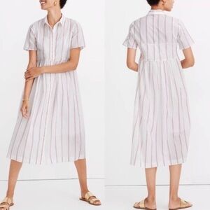 Madewell Striped Swiss Dot Button Up Short Sleeve Midi Shirt dress